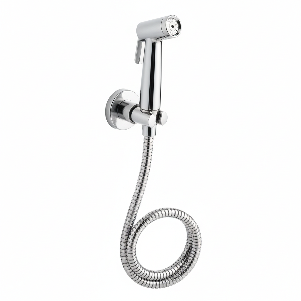 Handheld bidet sprayer set with stainless steel holder and flexible hose in chrome finish
